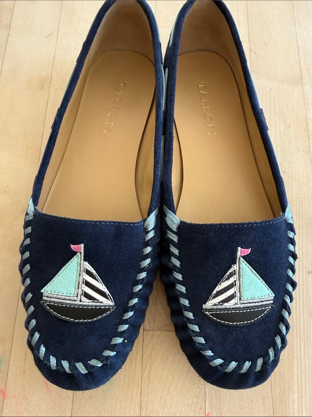Talbots Navy Suede Moccasin Flats with Mint & Pink Sailboat Embroidery